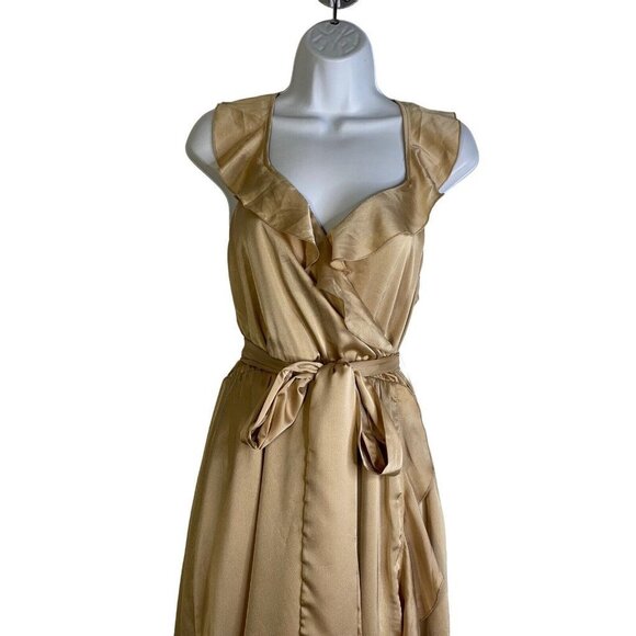 Show Me Your Mumu Womens Samantha Ruffle Wrap Dress Gold Luxe Satin Size Large - Picture 4 of 12